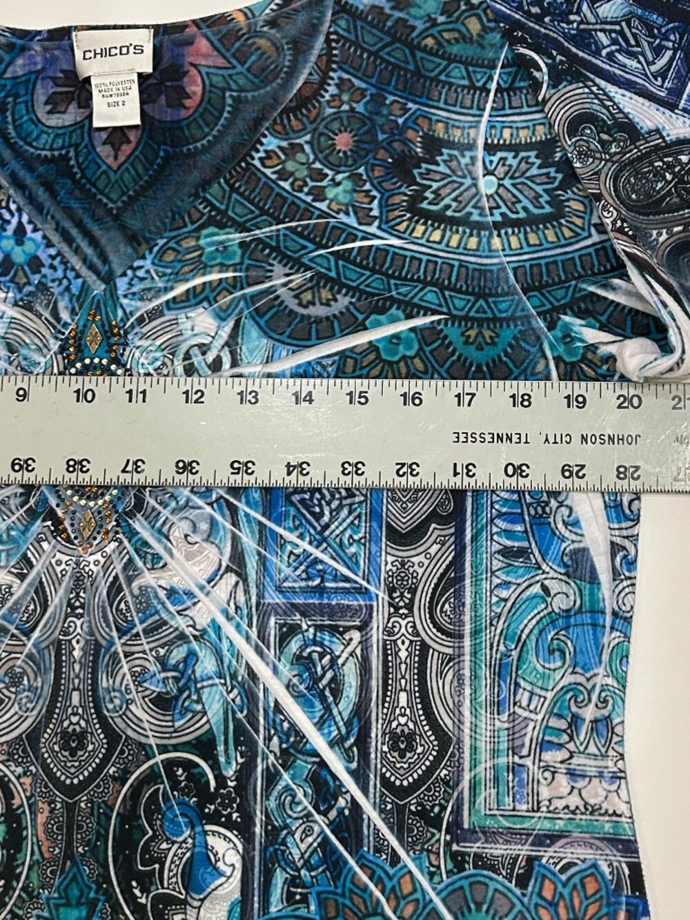 EUC Chico's blue floral sublimation paisley top with 3/4 bell sleeves, size L - Picture 6 of 7
